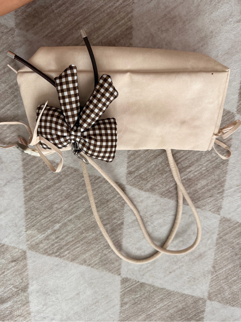 Beige Women's Shoulder Bag with Brown Gingham Bow